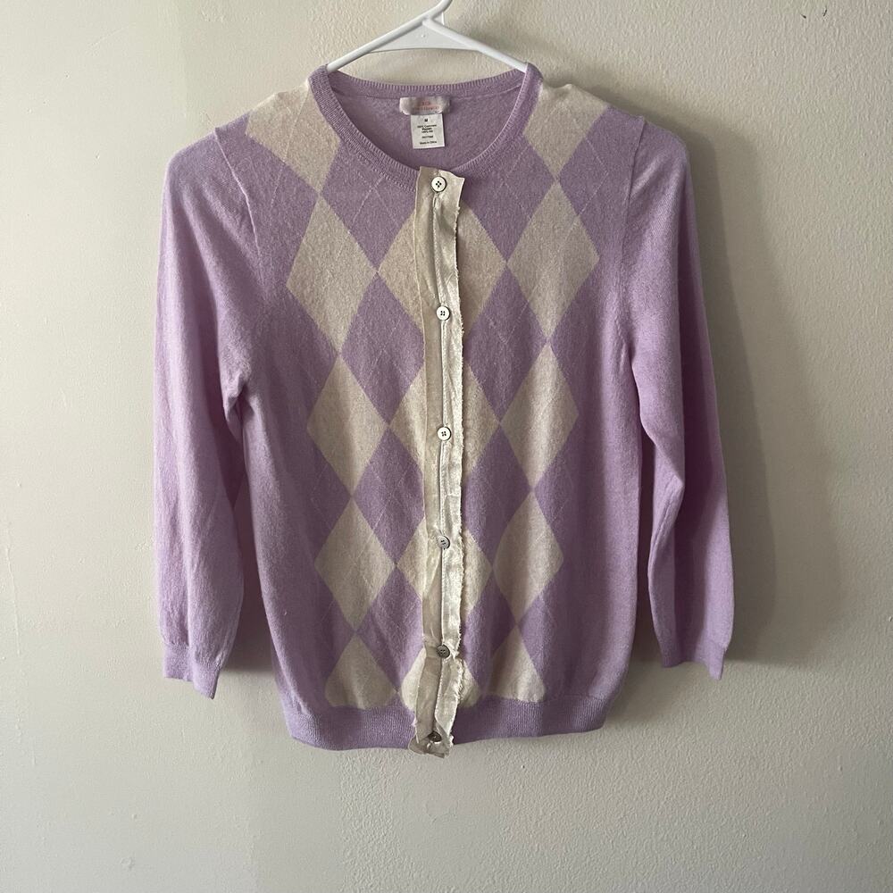 J Crew Cashmere Argyle Cardigan Purple Silk Placket Sweater Womens M Y2K Preppy